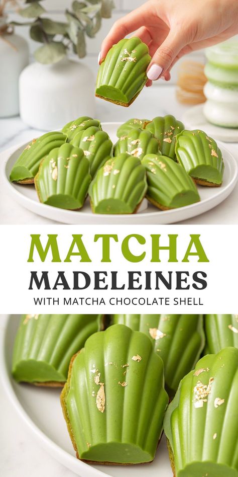 Matcha Madeleines, Matcha Food, Matcha Dessert Recipes, White Chocolate Glaze, Matcha Baking, Matcha White Chocolate, Matcha Green Tea Recipes, Butter Cakes, Matcha Dessert