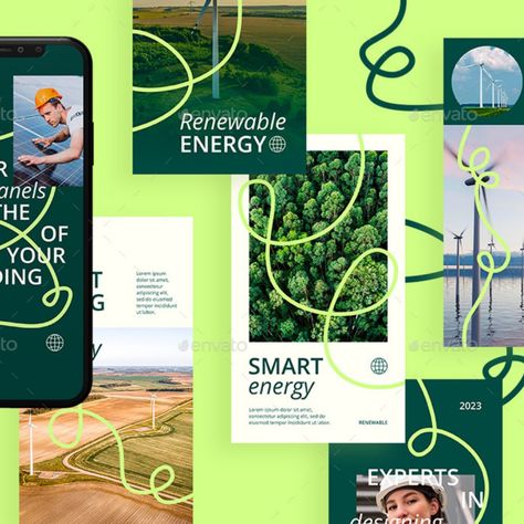 Renewable Energy - Social Media Templates Green Social Media Template, Green Energy Branding, Renewable Energy Branding, Energy Logo Ideas, Energy Advertising, Ad Design Layout, Renewable Energy Design, Energy Branding, Social Media Advert