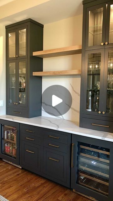 Alyssa Lee on Instagram: "Final reveal! Well…..almost ☺️  We need another light above the shelves for esthetics but more importantly function!   Oh and all the pretty decor touches too☺️  This project has been two years in the making and it turned out exactly as I envisioned!   @builtbystevie  @southernstonenashville   #builtinbar #trendingaudio #homeprojects #diningroomdesign #cabinets #builtins #homedesignideas" Built In Kitchen Sideboard, Kitchen Cabinet Wall Ideas, Built In Shelves For Dining Room, Eat In Kitchen With Hutch, Cabinet Wall In Dining Room, Built In Bar And Bookshelves, Wall Of Tall Kitchen Cabinets, Built In Kitchen Buffet Cabinet, Built In Breakfast Bar