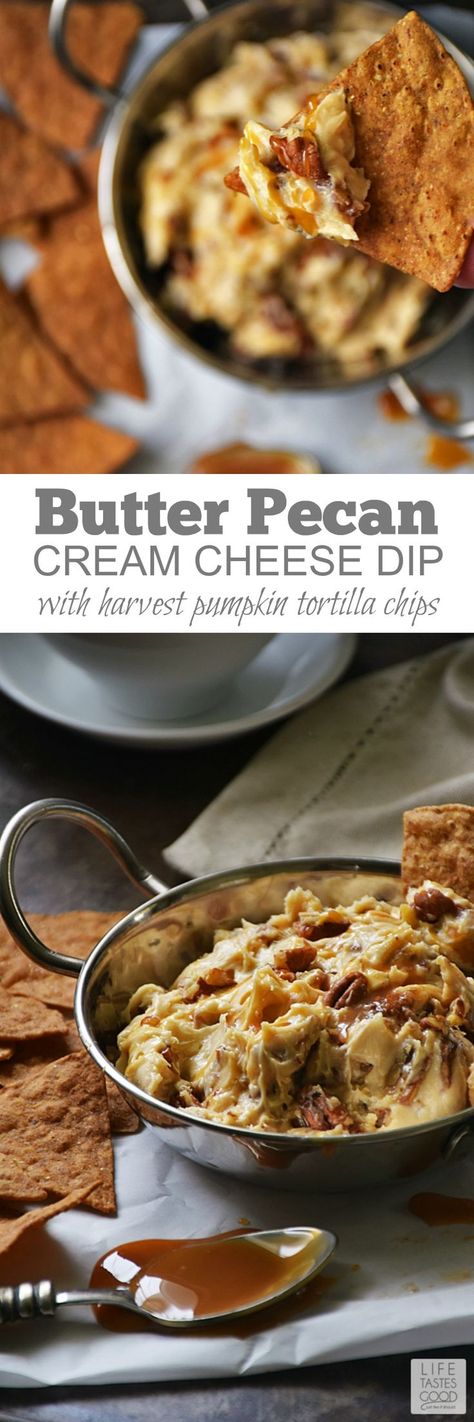 Butter Pecan Cream Cheese Dip | by Life Tastes Good with Harvest Pumpkin Tortilla Chips is like eating a creamy Pumpkin Pecan Pie, only better, because this sweet treat is super easy to make! #sponsored #LTGrecipes #FoodShouldTasteGood /fstgchips/ Pumpkin Chip, Dip Easy, Cream Cheese Dip, Pumpkin Pecan Pie, Diy Easy Recipes, Cheese Chips, Easy Butter, Sweet Dips, Cream Cheese Dips