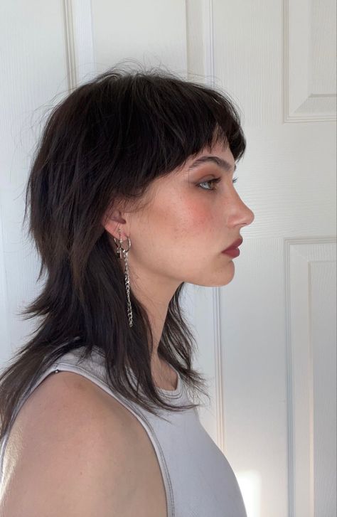 Medium Length Mullet Shag, Brunette Mullet Women, Women’s Mullet Straight Hair, 70s Shag Mullet Women, Soft Long Mullet Women, Shag Mullet Straight Hair Medium, Grown Out Mullet Straight Hair, Shag No Bangs Straight Hair, Alternative Haircuts Straight Hair