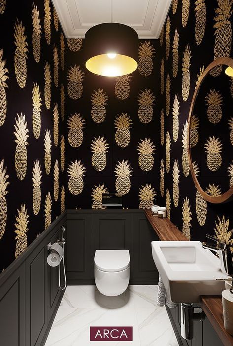 Small Toilet Design, Bathroom Wall Mural, Wc Decoration, Small Downstairs Toilet, Cloakroom Toilet, Toilet Room Decor, Pineapple Wallpaper, Small Toilet Room, Guest Toilet