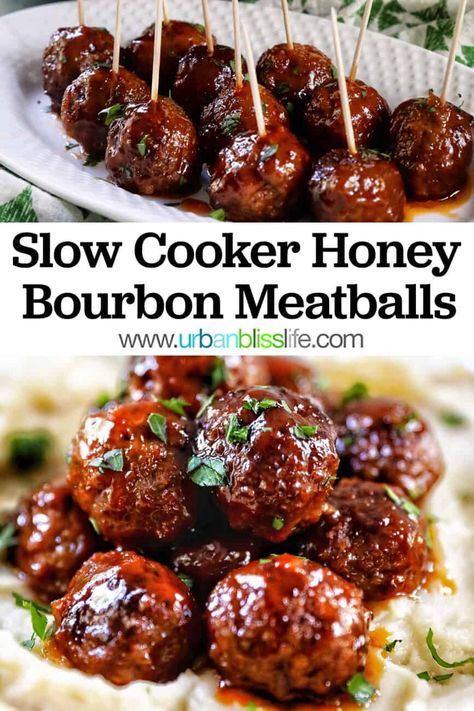 Bourbon Meatballs Crockpot, Honey Bourbon Meatballs, Crockpot Party Food, Bourbon Meatballs, Meatball Appetizer, Easy Meatball, Honey Bourbon, Crockpot Dinners, Meatball Recipes Easy