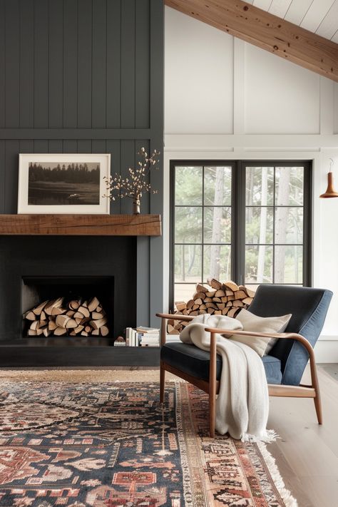 15 Stylish Ideas for a Black Shiplap Fireplace – Everyday Inspo All Shiplap Room, Build Around Fireplace, Ahiplap Fireplace, Shiplap With Tile, Black Fireplace With Shiplap, Great Room No Fireplace, Dark Modern Fireplace, Black Wood Ceiling Living Room, Update Oak Fireplace