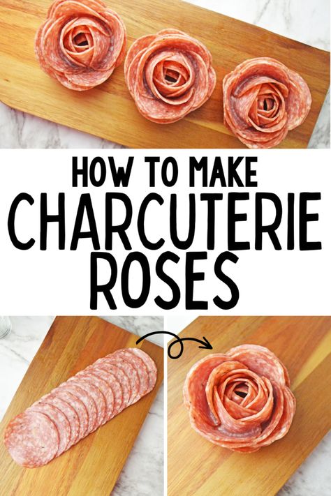 A quick and easy tutorial how to make beautiful charcuterie roses from salami. Salami Roses Charcuterie, Making Salami Roses, Salami Flowers Diy, How To Make Charcuterie Roses, Small Rectangle Charcuterie Board Ideas, Charcuterie Roses How To, How To Make A Charcuterie Rose, Charcuterie Board With Salami Roses, Meat Rose Charcuterie Board