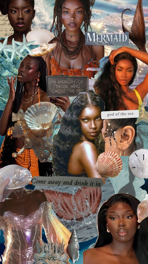 Little mermaid #ocean #siren #mermaid #ariel #mermaidcore #sea #ethereal Siren Style Aesthetic, Mermaidcore Black Women, Siren Black Women, Mermaid Core Outfit Aesthetic, Siren Collage, Siren Outfit Aesthetic, Black Siren Aesthetic, Mermaid Essence, Mermaid Aesthetic Sirens