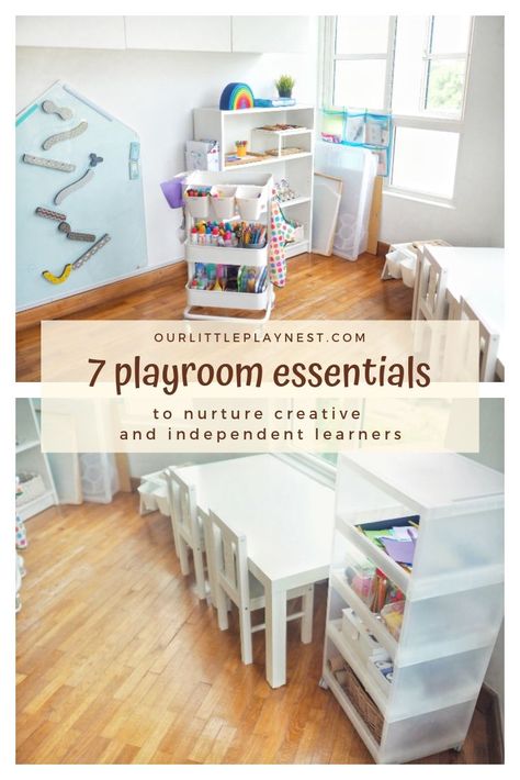 Play Area In Basement Small Spaces, Play Space Living Room, Playroom Ideas Age 6, Futon In Playroom, Art Corner Playroom, Playroom Ideas Gender Neutral, Playroom With Trampoline, Toy Storage Wall Ideas, Small House Playroom Ideas