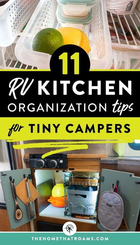 RV kitchen organization can be a challenge in a small space. You'll need lots of RV kitchen storage ideas and RV organization hacks that fit your cooking style and RV life. We've got tips for RV fridge storage, RV cabinet storage, RV spice racks, RV dish storage, plus RV organization accessories for the camper kitchen. Don't miss these tremendous RV kitchen space-saving ideas for camper living - check them out now! Rv Charging Station Ideas, Travel Trailer Organization Rv Storage Camping Hacks, Camper Kitchen Storage Ideas, Tiny Camper Hacks, Rv Shelf Organization, Hybrid Trailer Storage Ideas, Vintage Camper Storage Ideas, Airstream Kitchen Organization, Rv Sink Cover