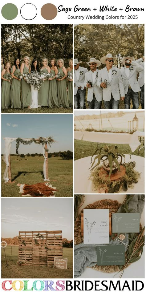 sage green white and brown for country wedding color palettes for 2025, sage green bridesmaid dresses, white bridal gown, white groomsmen suits and navy jeans and white hats, brown wooden wedding arch, wedding ceremony backdrop, stump of wedding centerpieces, sage green wedding invitations. #weddingcolors #weddingideas #countryweddings #rusticweddings #colsbm #2025 #bridesmaiddresses #sagewedding #sagegreenweddings #sagegreenwhiteandbrown Rustic Green Wedding Theme, Centerpieces Sage Green, White Groomsmen Suits, Western Wedding Bridesmaids, Green Brown Wedding, Country Wedding Dresses Bridesmaid, Green And Burgundy Wedding, Sage Green Wedding Invitations, Green Wedding Palette