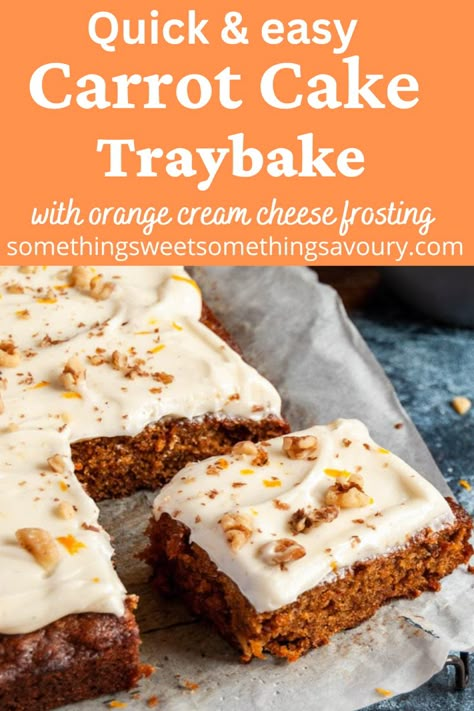 A carrot cake traybake with cream cheese frosting. Carrot Cake Slice Recipe, Carrot Cake Recipe Uk, Carrot Tray Bake, Easy Sweet Traybakes, Easy Carrot Cake Recipe Uk, Easy Tray Bakes Cakes, Tray Bakes Recipes, Vegan Tray Bake Cake, Carrot Cake Tray Bake