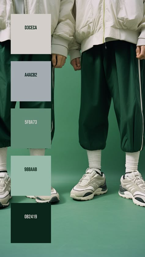 Colors:
D3CECA ° A4ACB2 ° 5F8A73 ° 98BAAB ° 0B2419 Green Track Pants, White Jackets, Off White Sneakers, Green Color Palette, Color Coordination, Branding Resources, Green Backdrops, White Socks, White Jacket