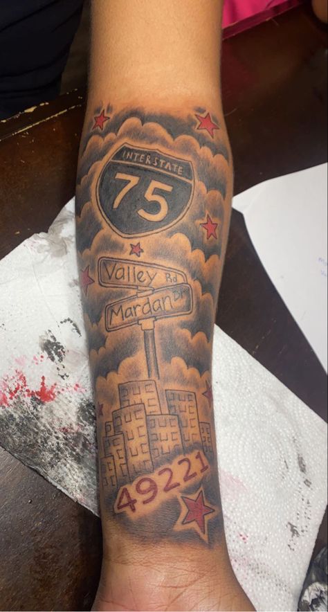 Creative Leg Tattoos, Interstate Tattoo Ideas, 615 Tattoos, 1 Of 1 Tattoo Design, Houston Forearm Tattoo, Street Address Tattoo, Dreamville Tattoo, Atl Tattoo Ideas, Urban Tattoos Designs Men