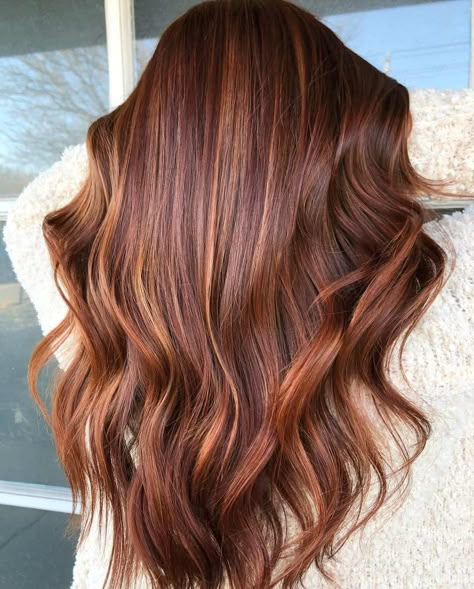 Hot Red Bright Copper Highlights On Brown Hair Auburn Lowlights In Red Hair, Auburn Brunette Hair Balayage, Auburn Lowlights, Copper Highlights On Brown Hair, Copper Hair With Highlights, Red Highlights In Brown Hair, Copper Brown Hair, Copper Highlights, Red Brown Hair