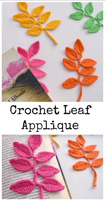 3 Leaf Applique Crochet, Crochet Leaf Stem Free Pattern, Crochet Leaf Branch, Crochet Nature Applique, Crochet Leaf Applique Free Pattern, Crochet Plant Applique, Crochet Flowers And Leaves, Crochet Details On Clothes, Crochet Leaf Applique