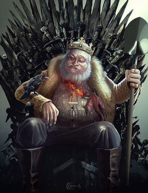 Portrait of #GeorgeRRMartin sat upon The Iron Throne #asoiaf #GameOfThrones #Awesome piece of Artwork! (553×720) I imagine the spade is for burying the characters he kills off! lol #got #agot #asoiaf Got Fanart, Got Art, Game Of Thrones Artwork, Valar Dohaeris, The Iron Throne, World Of Ice And Fire, George Rr Martin, Who Is Next, Asoiaf Art