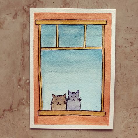 #watercolor #aquarelle #painting #illustration #diyideas #easy #tutorial #watercolorpainting #whimsical #aesthetic #beginner Cat In Window Illustration, Simple Watercolor Art For Beginners, Watercolor Easy, Watercolor Painting Easy, Whimsical Aesthetic, Window Illustration, Aquarelle Painting, Cat Watercolor, Window Drawing