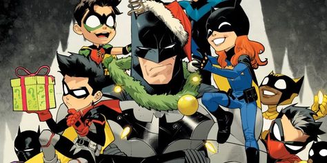 A holiday card variant turns Batman into the DC Universe’s most festive hero as the Bat-Family shares the Christmas spirit by decorating him. Damian Wayne Christmas, Dan Mora Red Hood, Batfamily Christmas, Dan Mora Robin, Batman Dan Mora, Nightwing Christmas, Dan Mora Batman, Bat Family Members, Dan Mora