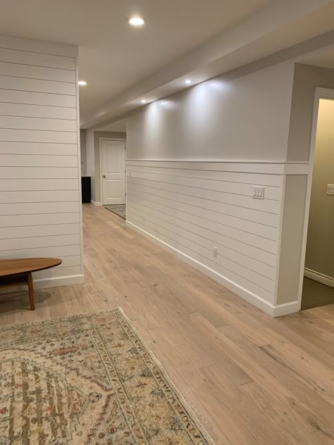 Family Basement Finish - Scandinavian - Basement - Denver - by Graham & McCormack Design LLC | Houzz Basement Modern Farmhouse, Accent Walls In Basement, Light And Bright Basement Ideas, Timeless Basement Ideas, All White Basement, Light Airy Basement, Finished Basement Flooring Ideas, White Basement Floor, Scandinavian Basement Ideas