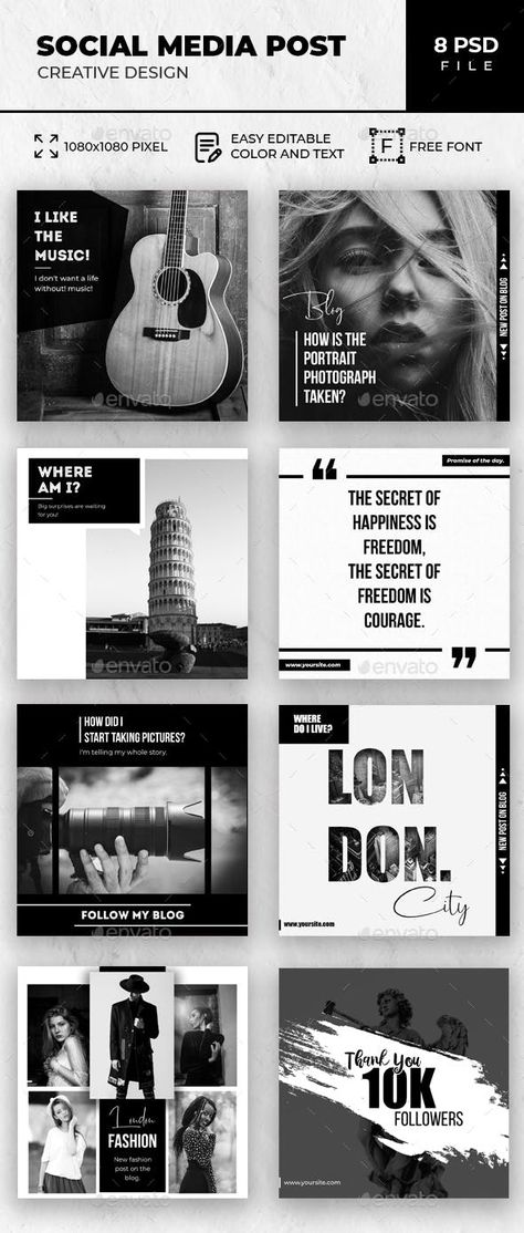 #Instagram #Social Media Pack - Social Media #Web Elements Black And White Social Media Template, Black White Social Media Design, Instagram News Feed Ideas, Instagram News Post Design, Black And White Social Media Design, News Social Media Design, Social Media Black And White, White Topography, Black And White Social Media