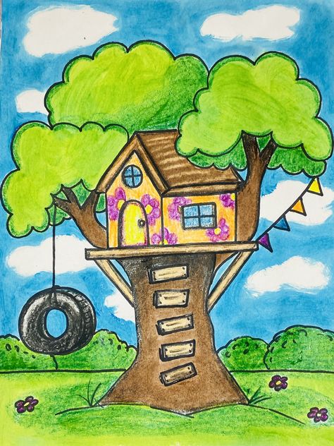 Treehouse Drawing Easy, How To Draw A Tree House, Scenery Drawings For Kids, How To Draw A Treehouse, Easy Trees To Draw, Tree House Drawing Easy, Treehouse Drawing Simple, Scenery For Kids Drawing, Tree House Drawing For Kids