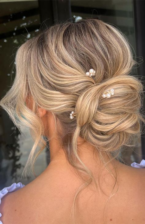 Bride Low Messy Bun, Up Do Hair For Wedding, Bridal Hair Messy Bun, Messy Bun For Bride, Bride Upstyles, Bridal Updo Low Bun, Soft Updo Wedding, Messy Updo Wedding, Hairstyle 90s