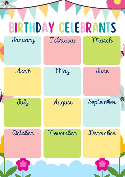 Predlošci Birthday Calendar Classroom, Birthday Calendar Template, Birthday Chart Classroom, Colorful Template, English Classroom Decor, Bulletin Boards Classroom Decor, Class Birthdays, School Kids Crafts, Birthday Posters