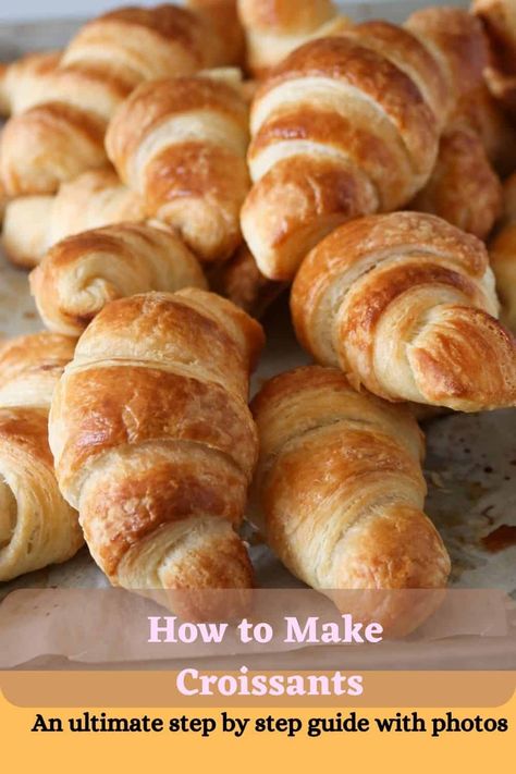 Want to learn How to Make Croissants? This a complete guide to make this beautiful, buttery and flaky pastry. With step by step photos, and guided instructions, this will walk you through and help you how to make delicious croissants at home! #croissants #pastry #homemadecroissants Make Croissants, Crossant Recipes, Asian Bread, Baked Goods Recipes, Cardamom Buns, Homemade Croissants, Croissant Dough, Gelatin Recipes, Croissant Recipe