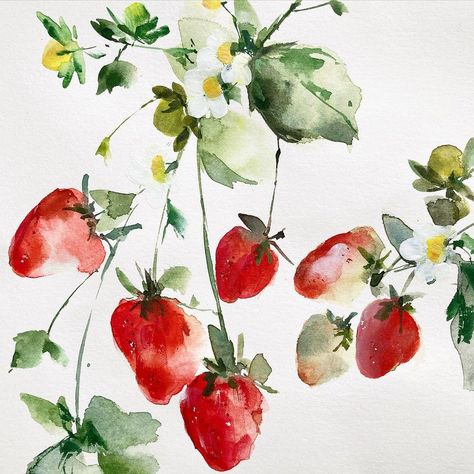 Strawberry Art Watercolor, Watercolour Painting Strawberries, Strawberry Watercolour Painting, Strawberry Plant Watercolor, Watercolor Fruit Paintings, Watercolour Strawberries, Watercolour Strawberry, Sketches For My Sweetheart, Painting Collage Ideas