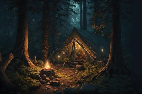 Camping at night in the forest with camp... | Premium Photo #Freepik #photo #dark-forest #forest-path #old-tree #nature-trees Camp In Forest, Light Source Reference, Forests At Night, Camping In Forest, Cosy Camping, Camping At Night, Tent In The Woods, Forest Tent, Night In The Forest