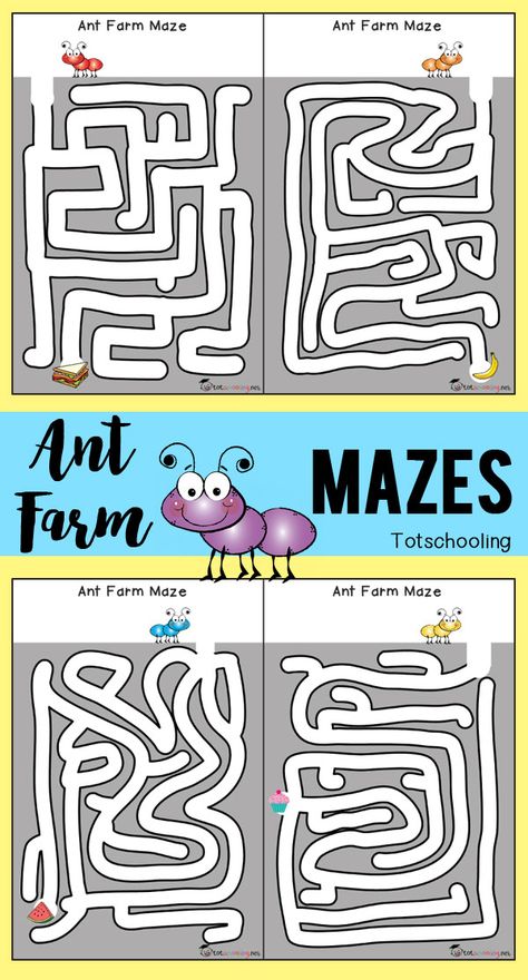 FREE printable ant farm mazes for preschoolers to practice pre-writing and fine motor skills. Great activity for a bug theme or Spring/Summer learning. Preschool Ant, Preschool Bugs, Ants Activities, Ant Crafts, Bug Activities, Insects Preschool, Bugs Preschool, Insect Activities, Ant Farm