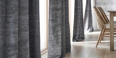 Dark Gray Curtains, Curtains Over Blinds, Monterey House, Kitchen Countertop Appliances, How To Hang Curtains, Gray Curtains, Dining Room Idea, Hanging Curtain Rods, L House