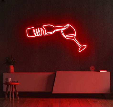 Neon Signs In Home, Wall Neon Signs, Classy Neon Sign, Red Led Sign, Wine Bar Lighting, Neon Signs For Home, Wine Neon Sign, Led Lights Sign, Neon Light Kitchen