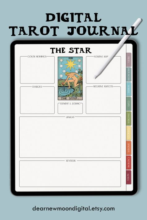 Digital Tarot Journal, Tarot Journal Prompts, Tarot Planner, Tarot Journal Ideas, Tarot Journaling, Planner Vision Board, Digital Design Ideas, Tarot Guidebook, Vision Board Planner