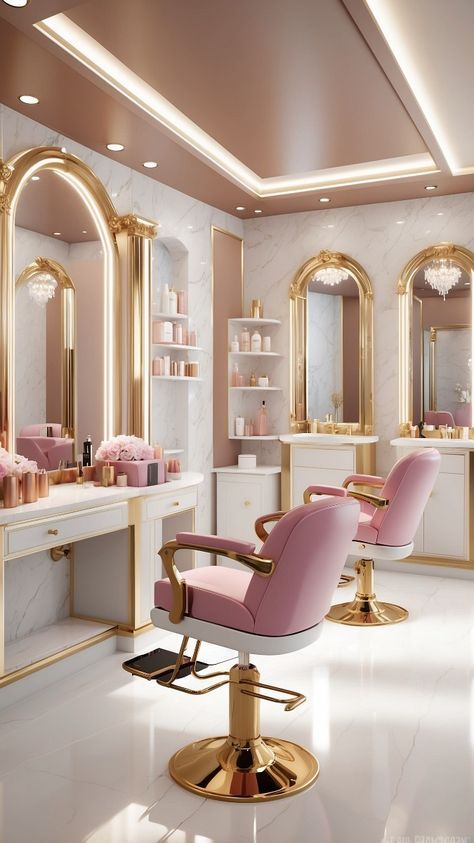 Elegant Salon Ideas, Pink And Gold Salon Decor, Pink And Gold Salon, Hair Salon Interior Design Luxury, Luxury Beauty Salon Design, Modern Salon Design, Luxury Salon Interior Design, Salon Background, Beauty Salon Interior Luxury