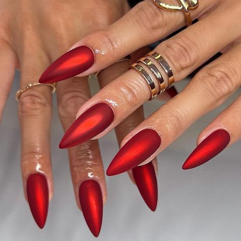 Red Matte Nails, Almond Nails Red, Red Chrome Nails, Pink Stiletto Nails, Red Stiletto Nails, Wine Nails, Red Chrome, Pointy Nails, Chrome Nails Designs