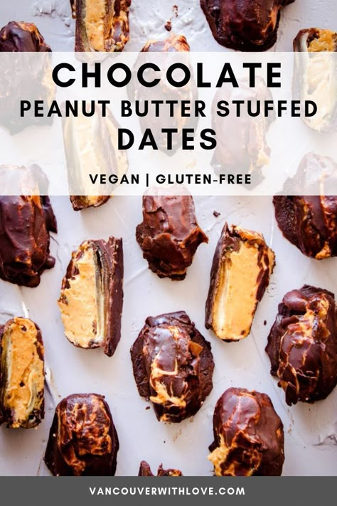 Peanut Butter Stuffed Dates, Sugar Free Dessert Recipes, Dates Recipes, Chocolate Peanutbutter, Stuffed Dates, Dairy Free Desserts, Butter Desserts, Vegan Snack, Peanut Butter Desserts