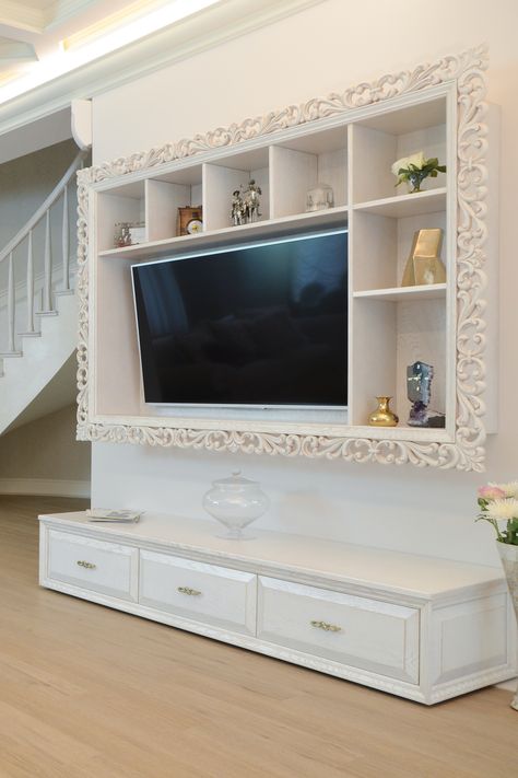 Farmhouse Bedroom Tv Wall Ideas, Tv Framed On Wall Decorating Ideas, Wall Panel Tv, Tv Wall Design With Fireplace, Television Frame, Tv Wall Built In Ideas, Panel Tv Wall, Decorating Tv Wall, Tv Wall Stand