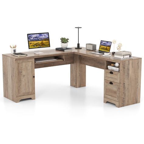 Millwood Pines Britanni 66'' W L-Shaped Executive Desk with and Cabinet & Reviews | Wayfair L Shaped Office Desk, Home Office Inspo, Office Executive, Desk With Keyboard Tray, L Shaped Executive Desk, Small Computer Desk, Writing Desk With Drawers, Desk Modern, Executive Office Desk