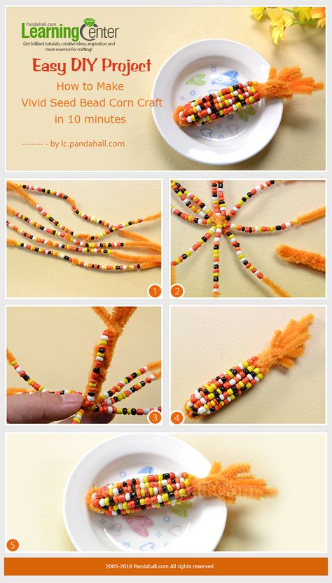 Easy DIY Project – How to Make Vivid Seed Bead Corn Craft in 10 minutes from LC.Pandahall.com Fall Diy Activities, Thanksgiving Class Craft Ideas, Crafts With Corn Kernels, Class Fall Craft, Fall Edible Crafts For Kids, Pony Bead Corn Craft, Fall Food Activities For Kids, Corn Beads Craft, Thanksgiving Bead Craft