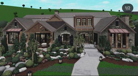 Mountain Bloxburg House, Bloxburg Country House, Mountain House Bloxburg, Bloxburg Mansion Exterior, Suburban Bloxburg House, Bloxburg Mountain House, Bloxburg Mountain, Realistic Bloxburg House Exterior, Cottage Core Bloxburg House