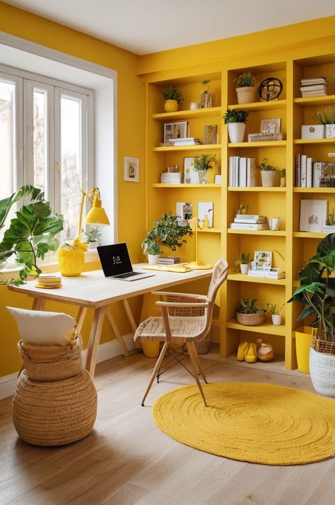 Yellow Office Walls, Bright Colorful Office, Home Office Colours, Home Office Bright, Yellow Office Decor, Bright Office Colors, Mustard Office, Colourful Home Office, Office Color Ideas