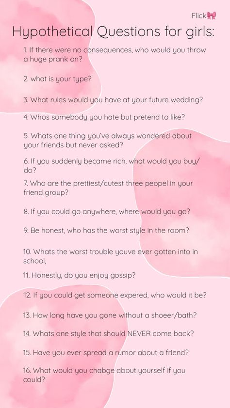 Fun questions for teen girls - Flick🎀 Girl Talk Topics, Girl Talk Questions, Paranoia Questions, Questions For Girls, Talk Topics, Q And A Questions, Hypothetical Questions, Deep Conversation, Q And A