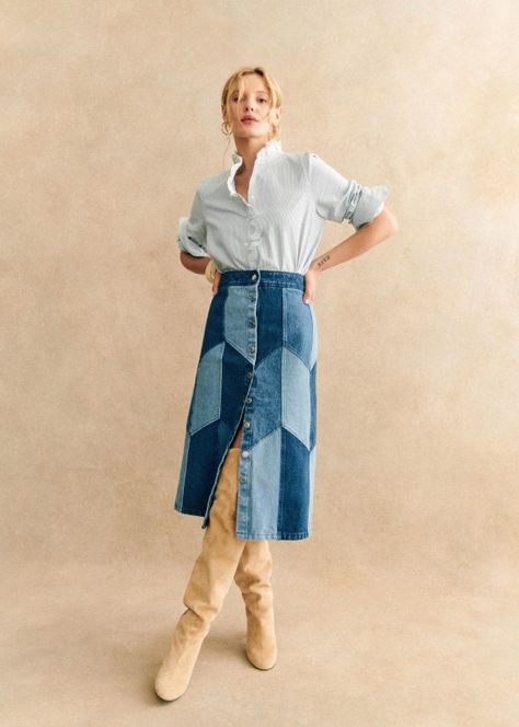 Alexane Skirt - Denim Patchwork - Sézane Ropa Upcycling, Patchwork Denim Skirt, Jeans Patchwork, Moda Denim, Diy Jeans, Denim Projects, Nyfw Street Style, Diy Skirt, Denim Ideas