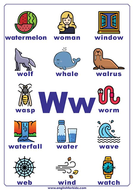 English alphabet poster to learn letter W A Words For Preschool, W Is For, U Sound Words, W Worksheets For Preschool, Letter W Worksheets For Preschool, Letter W Kindergarten, Letter U Flashcards, Letter U Activities For Preschool, W Words Preschool