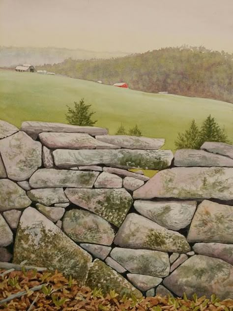 Laura Eden-Watercolor without fear: stone wall pm Watercolour Rocks, Watercolor Rocks, Drawing Rocks, Stone Road, Rock Walls, Photo Drawing, Stone Wall Art, Dry Stone Wall, Watercolor Landscapes