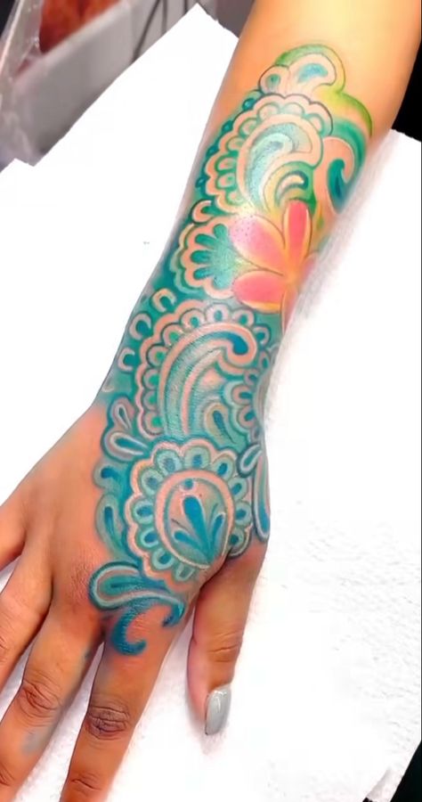 Blue Tattoo Ink On Brown Skin, Colorful Hand Tattoos, Teal Tattoo, Colorful Tattoos For Women, Color Tattoos For Women, Blue Ink Tattoo, Nefertiti Tattoo, Colorful Sleeve Tattoos, Blue Ink Tattoos