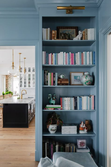 Elaina Fagan, Coastal Library, Coastal Bookcase, Blue Bookshelves, Blue Bookcase, Grandmillennial Style, Snow Owl, Library Room, Home Libraries