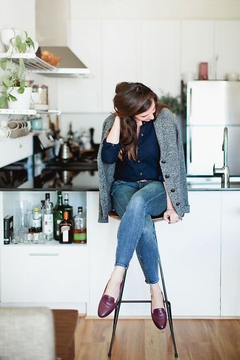 Shop this look for $105:  http://lookastic.com/women/looks/jacket-and-dress-shirt-and-belt-and-skinny-jeans-and-loafers/1033  — Grey Wool Jacket  — Navy Dress Shirt  — Brown Leather Belt  — Blue Skinny Jeans  — Burgundy Leather Loafers How To Wear Loafers, European Chic, Autumn Styles, Navy Shirt Dress, Loafers Outfit, Burgundy Jeans, Smart Casual Style, Paris Mode, Inspiration Mode