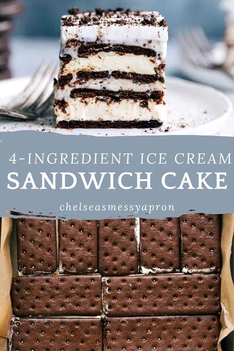 Four-ingredient Ice Cream Sandwich Cake is made with ice cream sandwiches, cookies-and-cream ice cream, and a crushed Oreo whipped cream topping! #dessert #best #quick #easy #simple #treat #fouringredient #icecream #sandwich #cake Homemade Ice Cream Cake With Ice Cream Sandwiches, Ice Cream Cake Made With Ice Cream Sandwiches, Ice Cream Cake With Ice Cream Sandwiches, Ice Cream Cake Recipe Easy, Oreo Whipped Cream, Ice Cream Sandwich Cake Recipe, Cake With Ice Cream, Ice Cream Sandwich Dessert, Sandwich Dessert