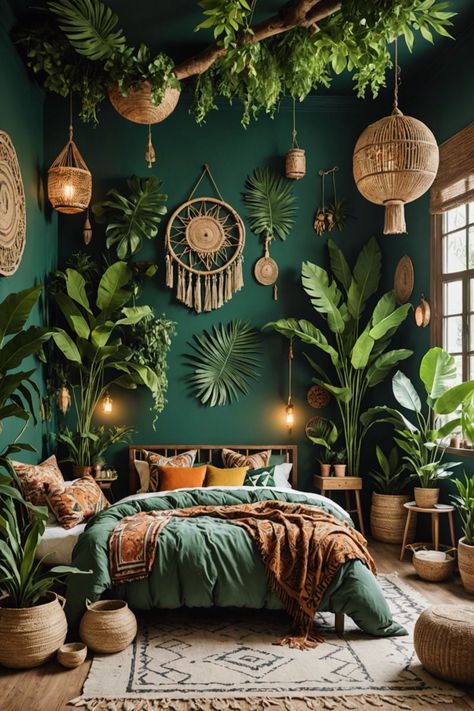 20 Unbelievably Chic Boho Jungle Bedroom Ideas to Fuel Your Wanderlust Boho Jungle Bedroom, Jungle Theme Bedroom, Boho Style Bedroom Decor, Jungle Bedroom Theme, Jungle Room Decor, Themed Bedroom Ideas, Jungle Themed Bedroom, Jungle Retreat, Jungle Themed Room